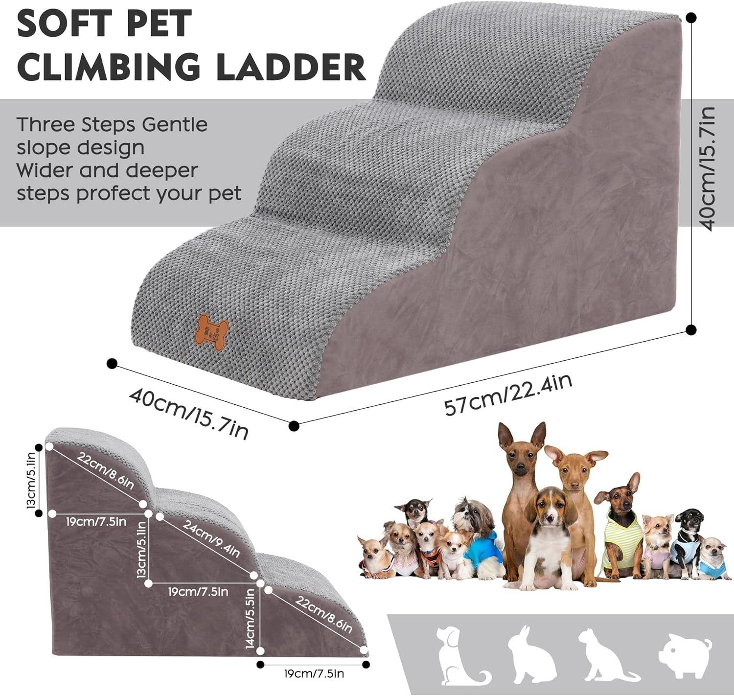 Grey 3 Step Dog Stairs Foam Pet Ramp Non Slip for Bed Sofa 57x40cm