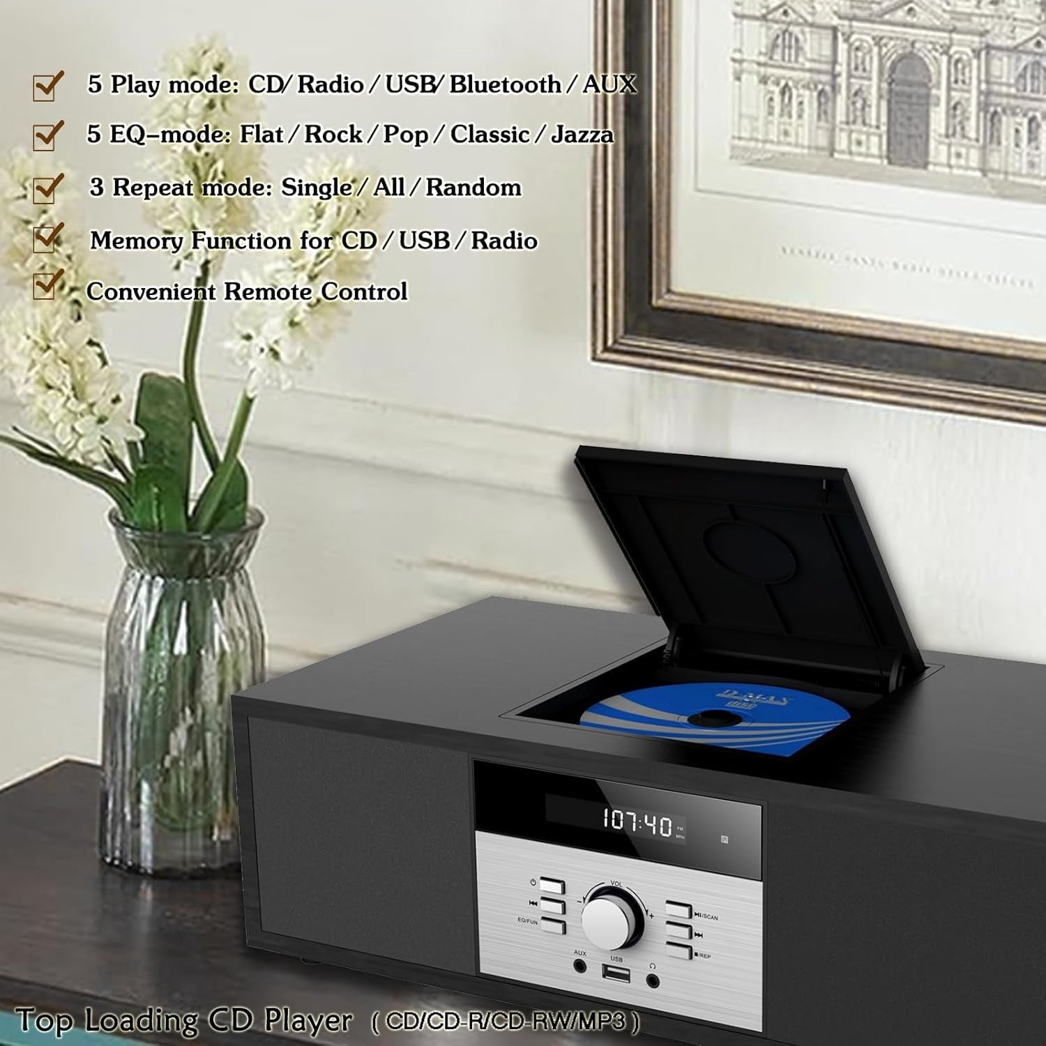 Retro Bluetooth CD Stereo System with USB, FM Radio, Wooden HiFi Speakers