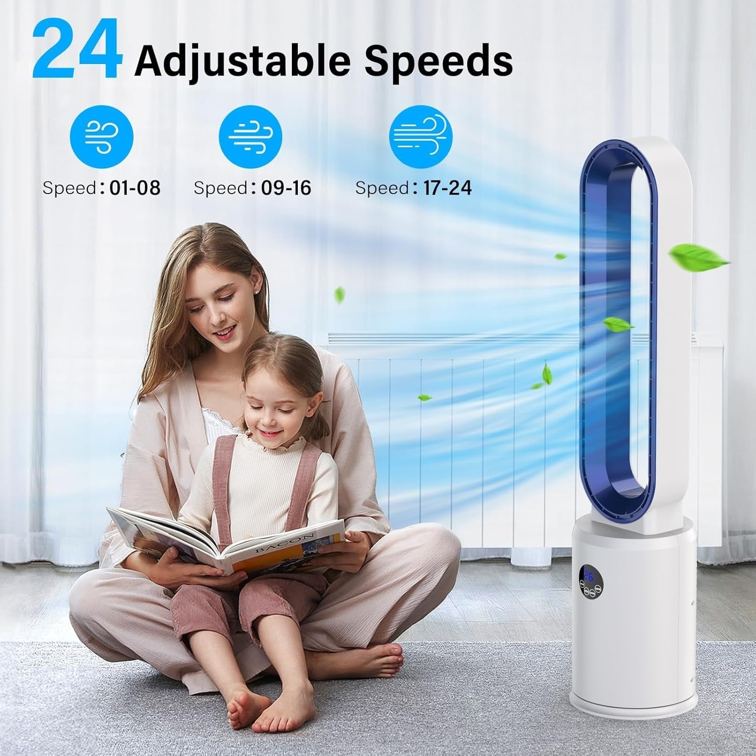 38-Inch Bladeless Tower Fan – 24-Speed Quiet Cooling w Remote LED Timer Display