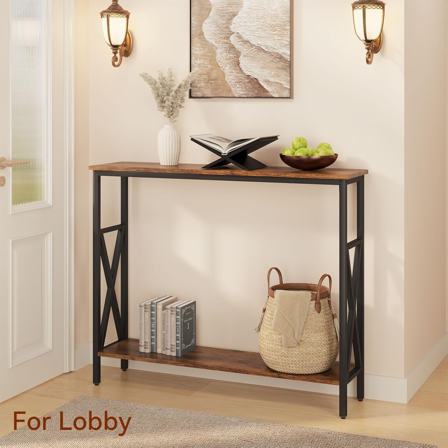 Slim Industrial Console Table with Adjustable Feet & Sturdy Metal Frame for Hall