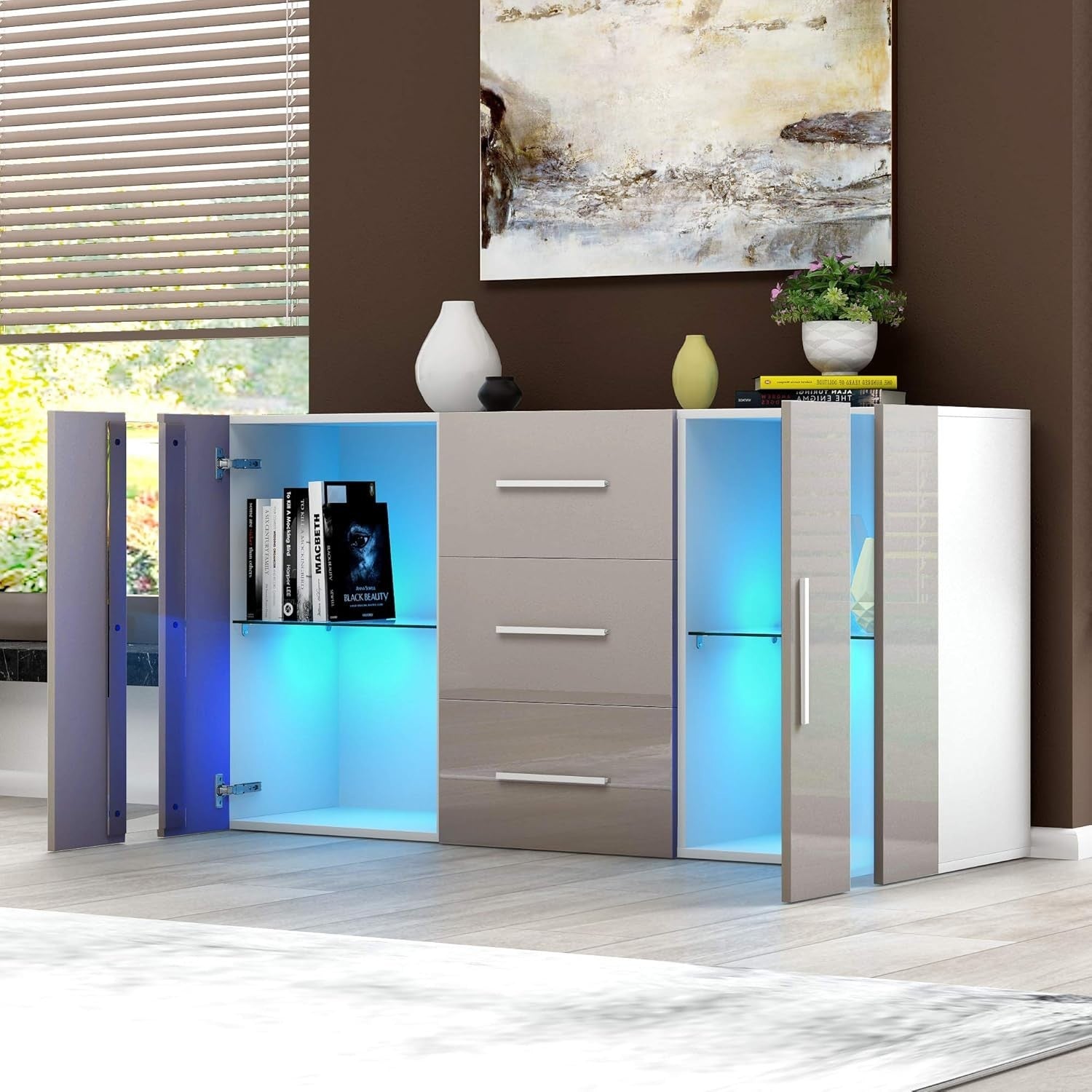 Modern Grey RGB LED Sideboard Cabinet 2 Doors 3 Drawers Storage Unit