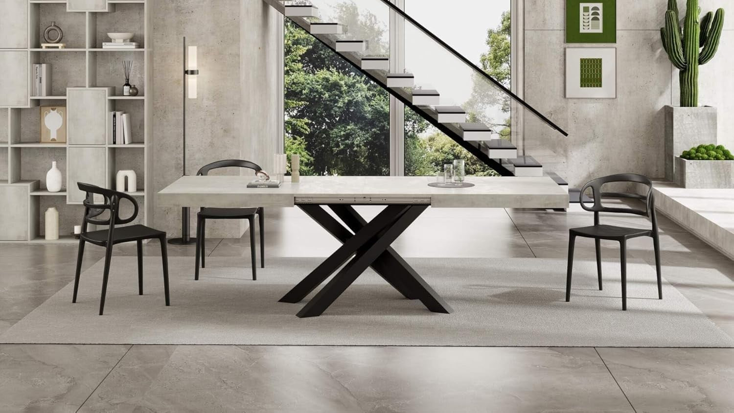 Walnut Extendable Dining Table 160–240cm – Modern with Concrete Grey Cross Legs