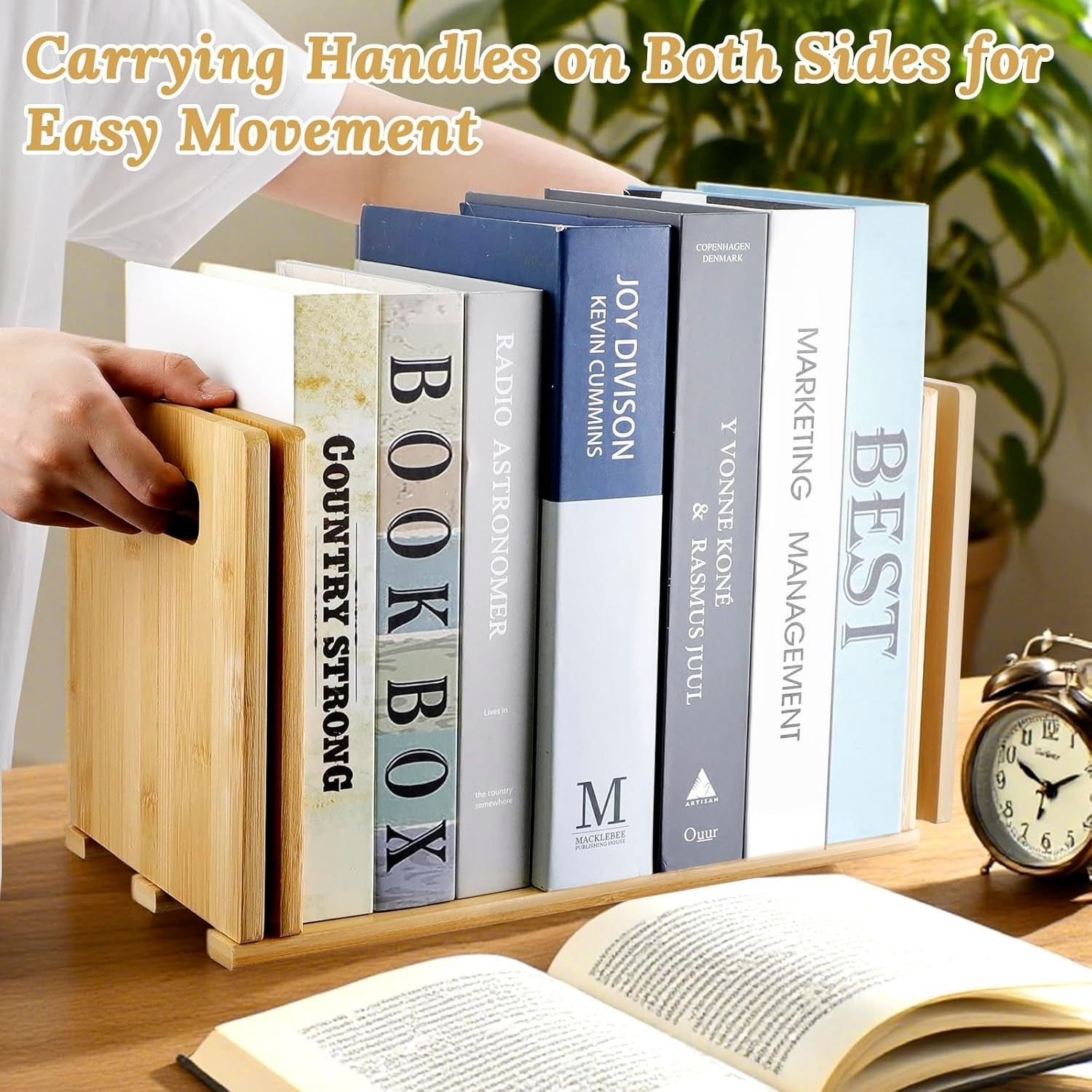 Expandable Bamboo Desktop Bookshelf Adjustable Book Organizer with Carry Handles