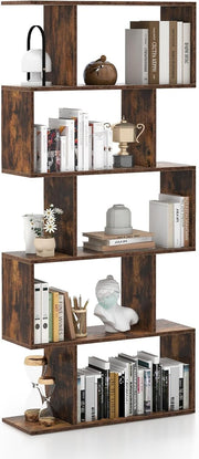 S Shaped 5 Tier Wooden Bookcase Freestanding Display Storage Shelf Rustic Brown