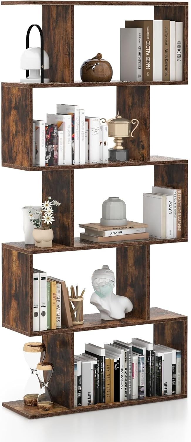 S Shaped 5 Tier Wooden Bookcase Freestanding Display Storage Shelf Rustic Brown