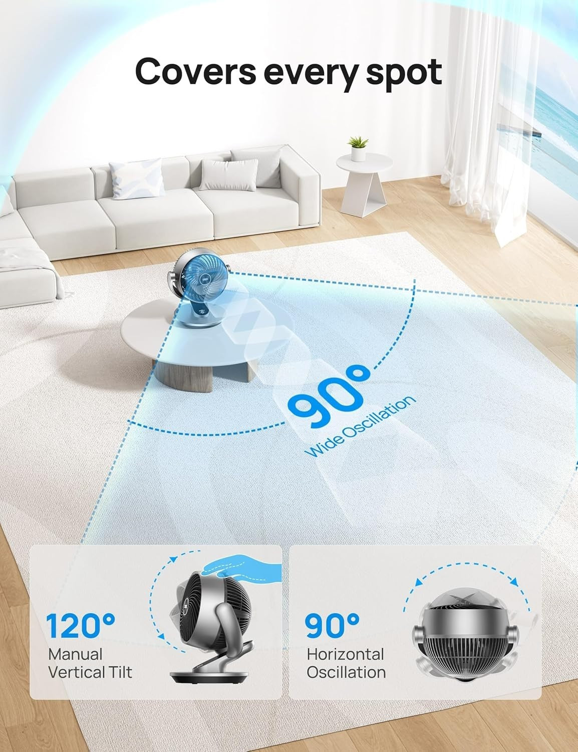 Smart Table Fan Silver Quiet 4-Speed Remote & App Control 7" Air Circulator