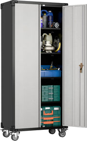 Tall Metal Storage Cabinet 183cm Lockable Doors Shelves Wheels Home