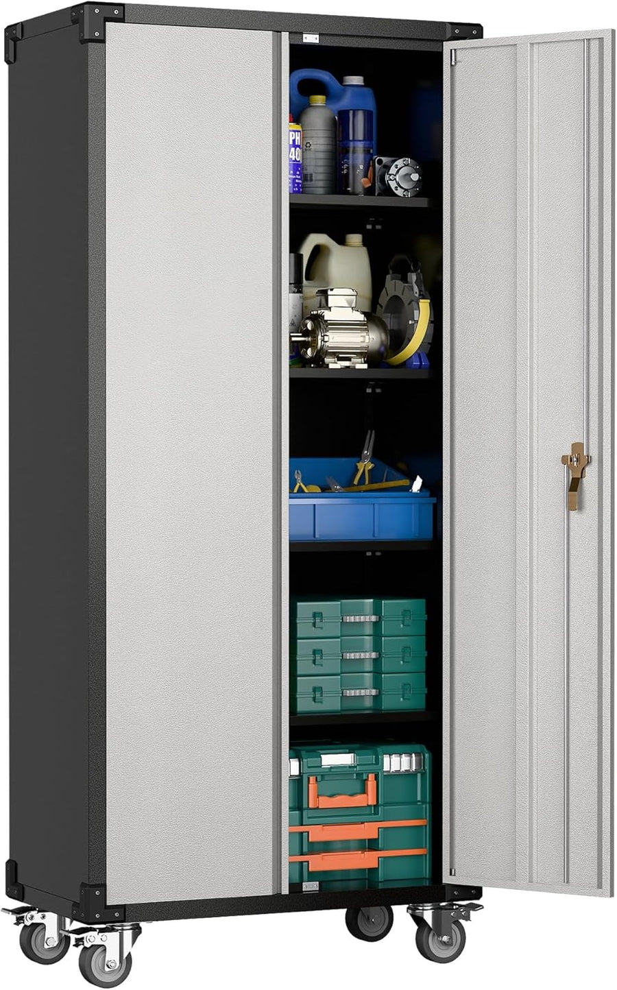 Tall Metal Storage Cabinet 183cm Lockable Doors Shelves Wheels Home