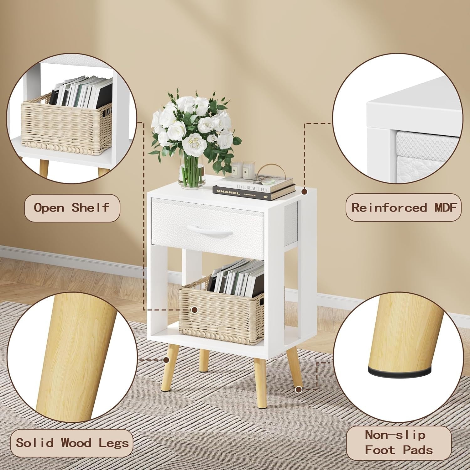 2x White Bedside Tables with Drawer & Shelf – Modern Wooden Nightstands