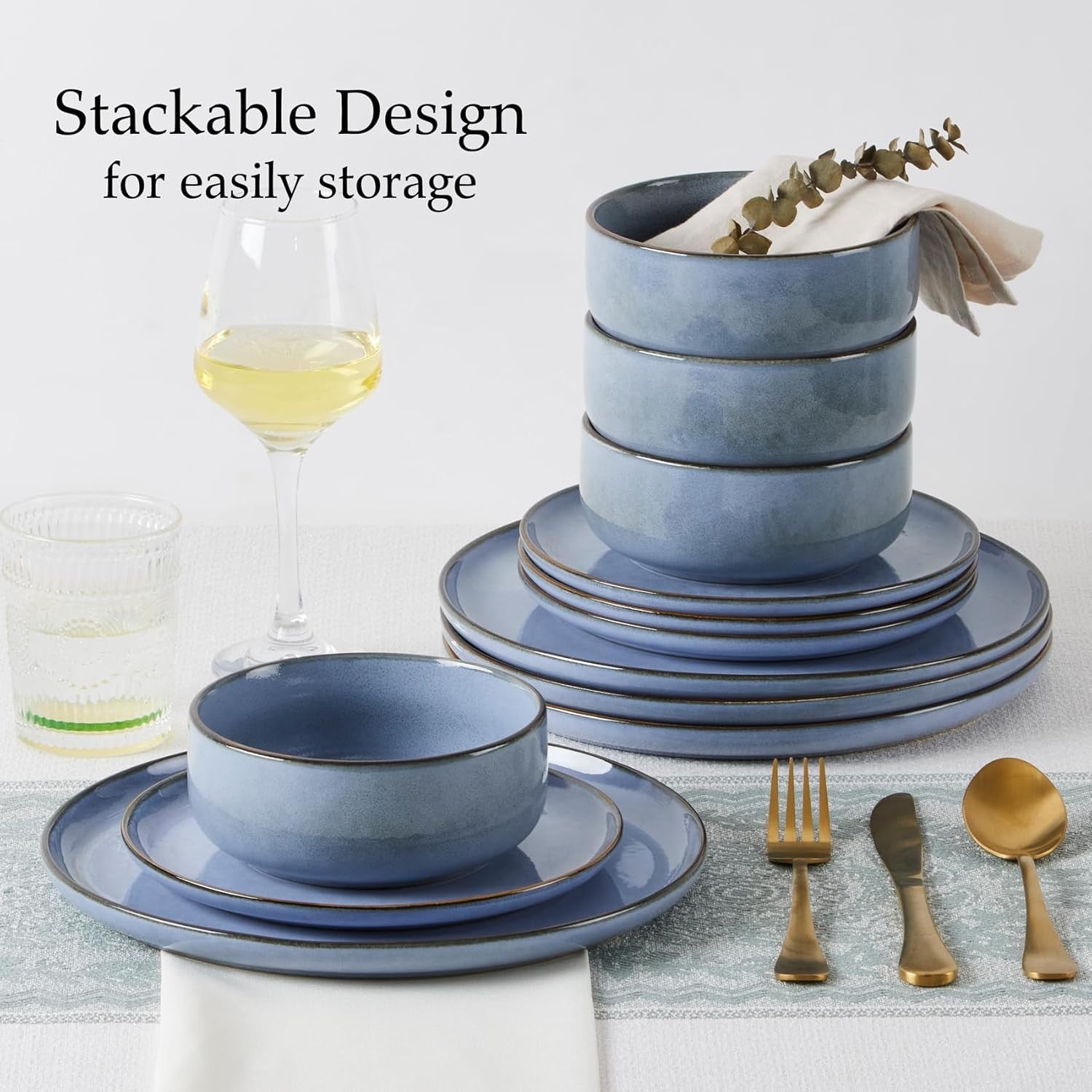 12pc Stoneware Dinner Set Lagoon Blue Plates Bowls Reactive Glaze