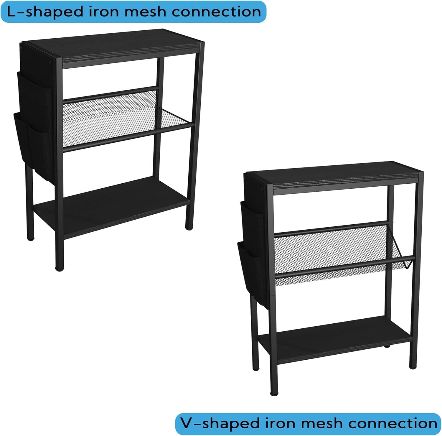 Slim 3-Tier Side Table with Storage Bag – Narrow Black Bedside Sofa Table