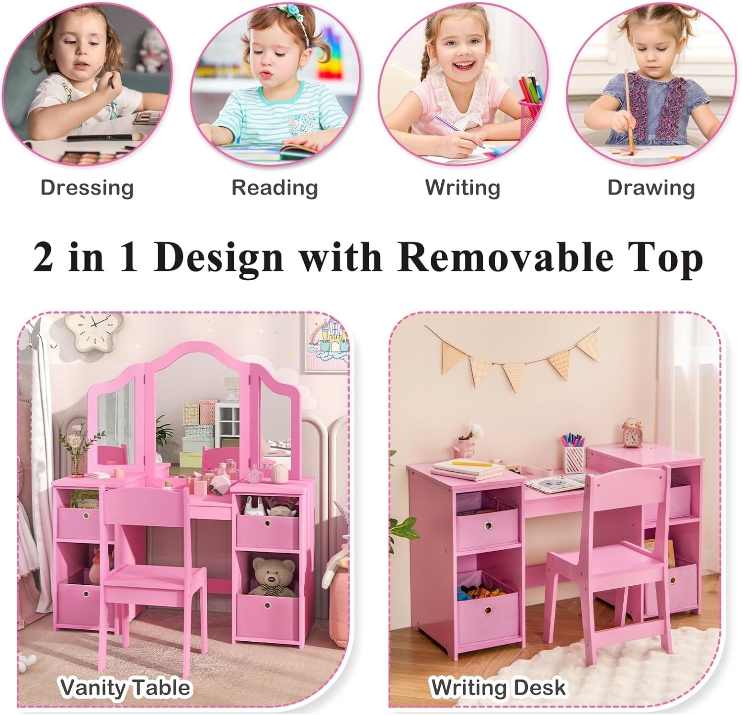 Kids Vanity Table with Tri-Folding Mirror & Storage Bins, Pink Wooden Set