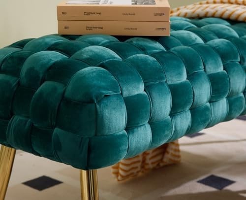 Velvet Ottoman Bench with Gold Metal Legs, Green Upholstered Entryway Seat