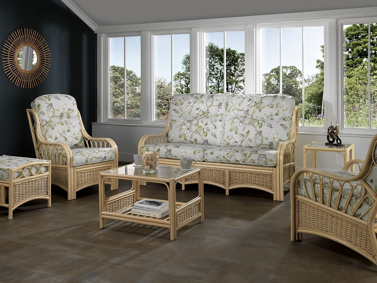Floral Rattan Conservatory Armchair Indoor Wicker Cane Chair Deep Cushion