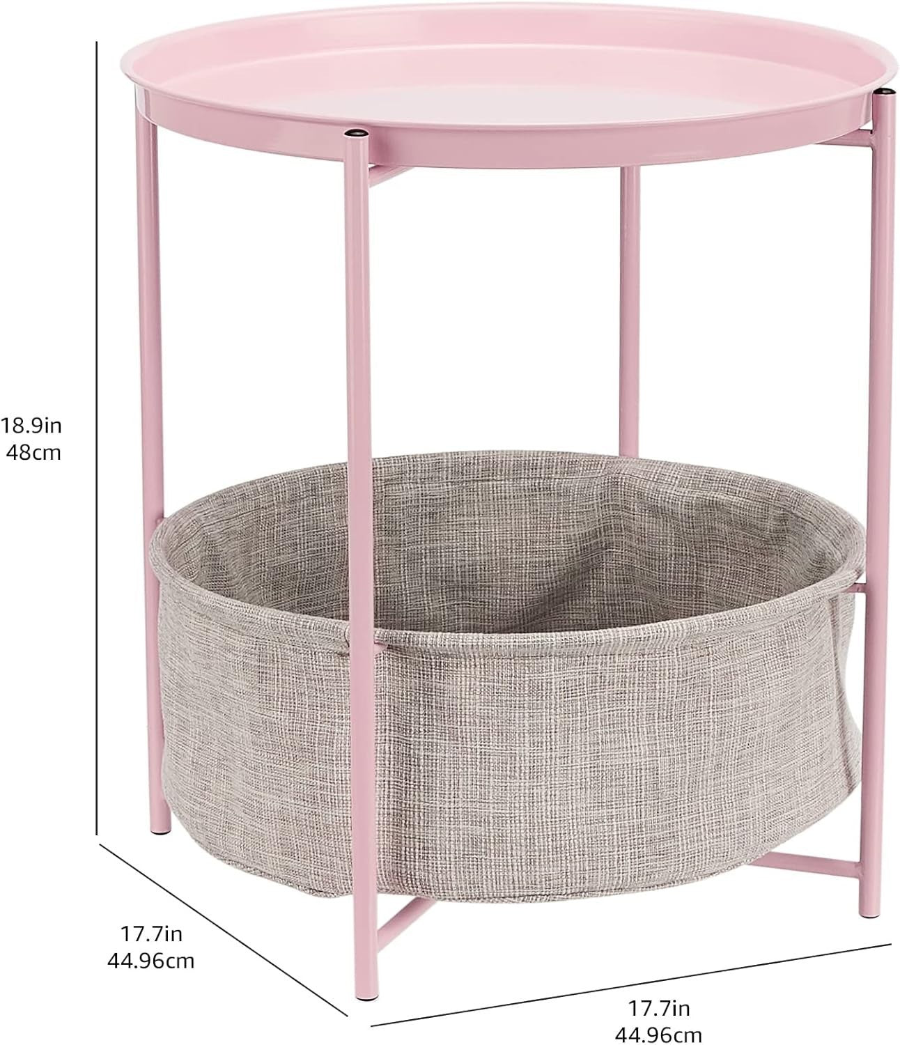 Round Storage End Table Dusty Pink with Fabric Bin 45x45x48cm Modern