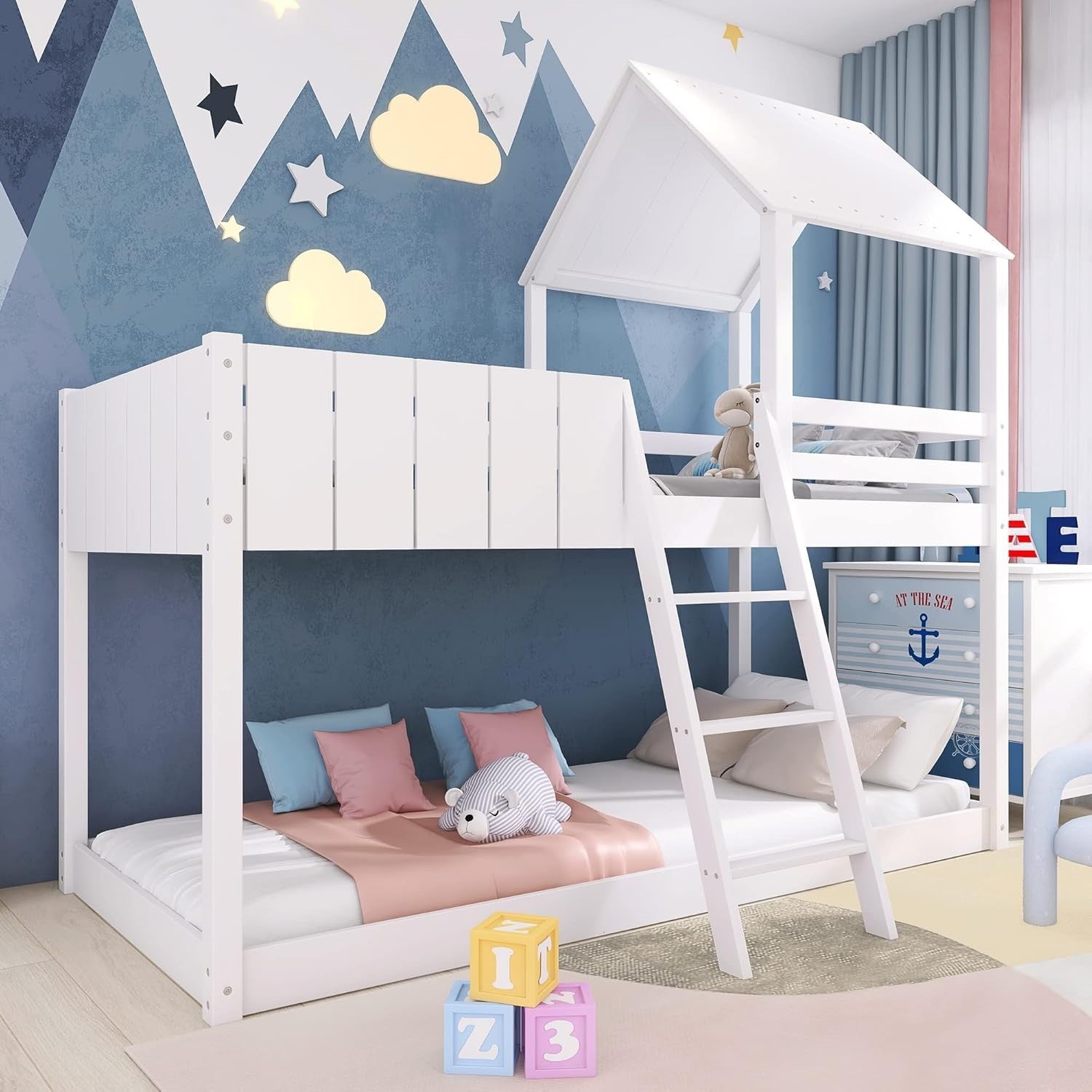 White Wooden Bunk Bed with Ladder, Guard Rail & Treehouse Mid Sleeper 3FT