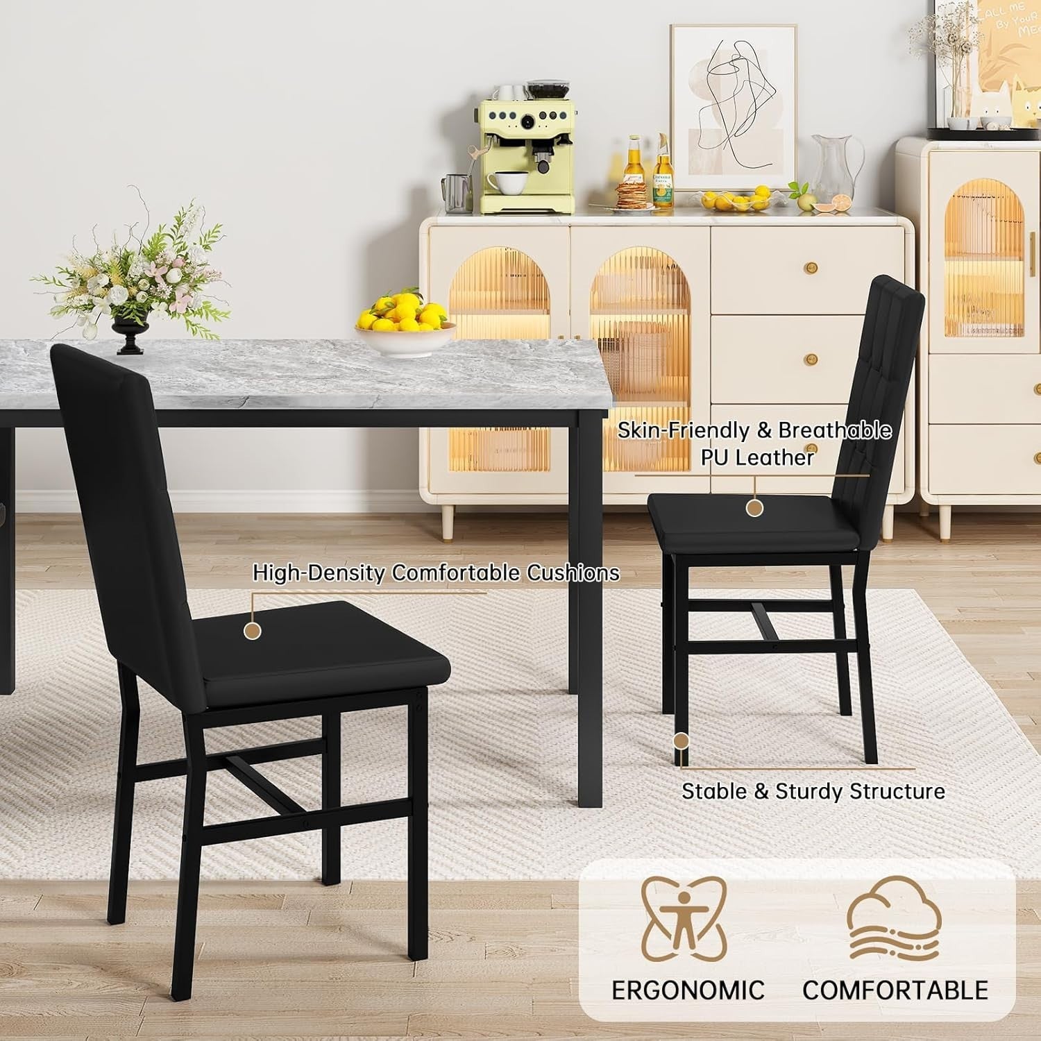 Faux Marble Dining Table & 4 Black PU Leather Chairs Set for Small Rooms