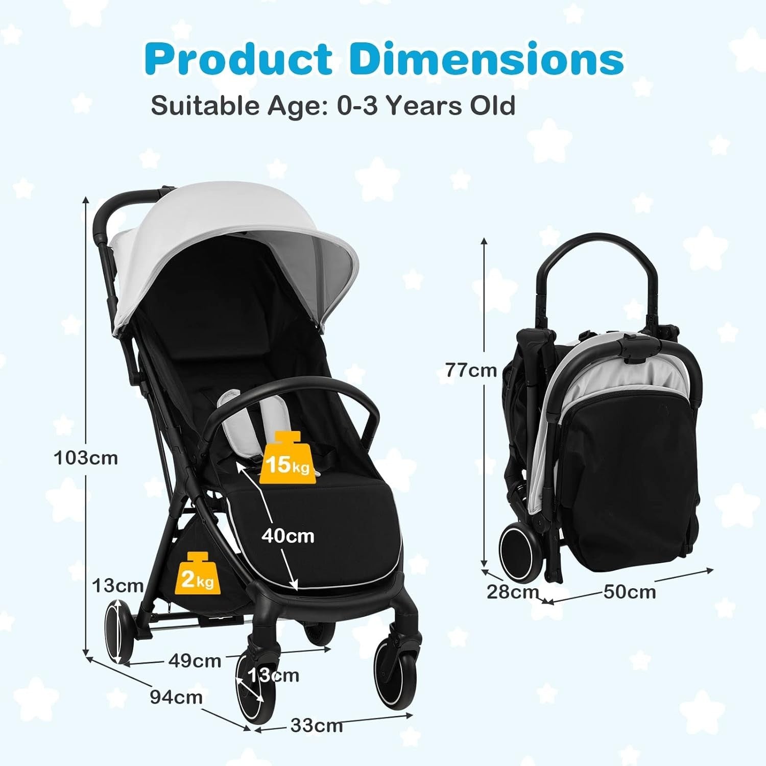 Lightweight Baby Stroller Folding Pushchair 0–36 Months with Canopy