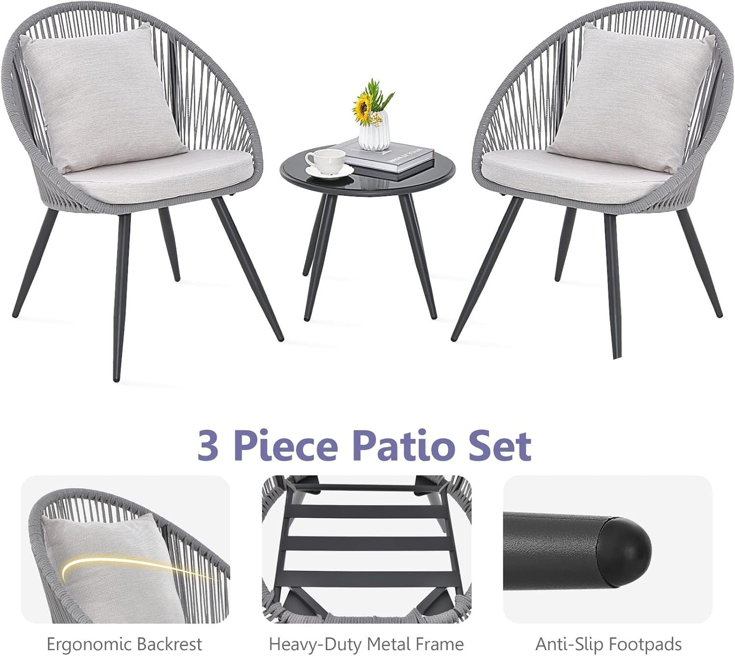 Modern Rattan Bistro Chair Set Tempered Glass Table Cushioned Garden Patio