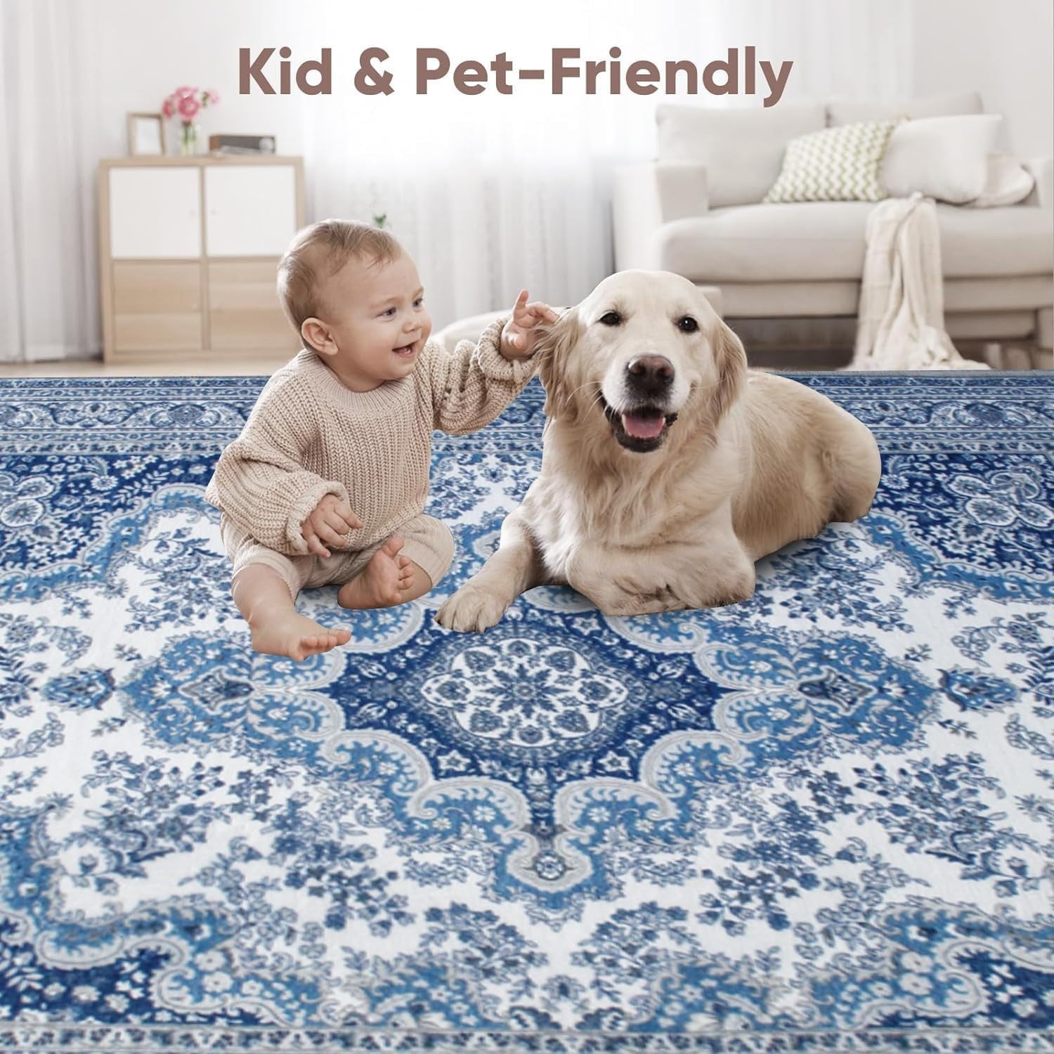 Blue Vintage Kitchen Rug 80x150cm Non Slip Washable Low Pile Runner