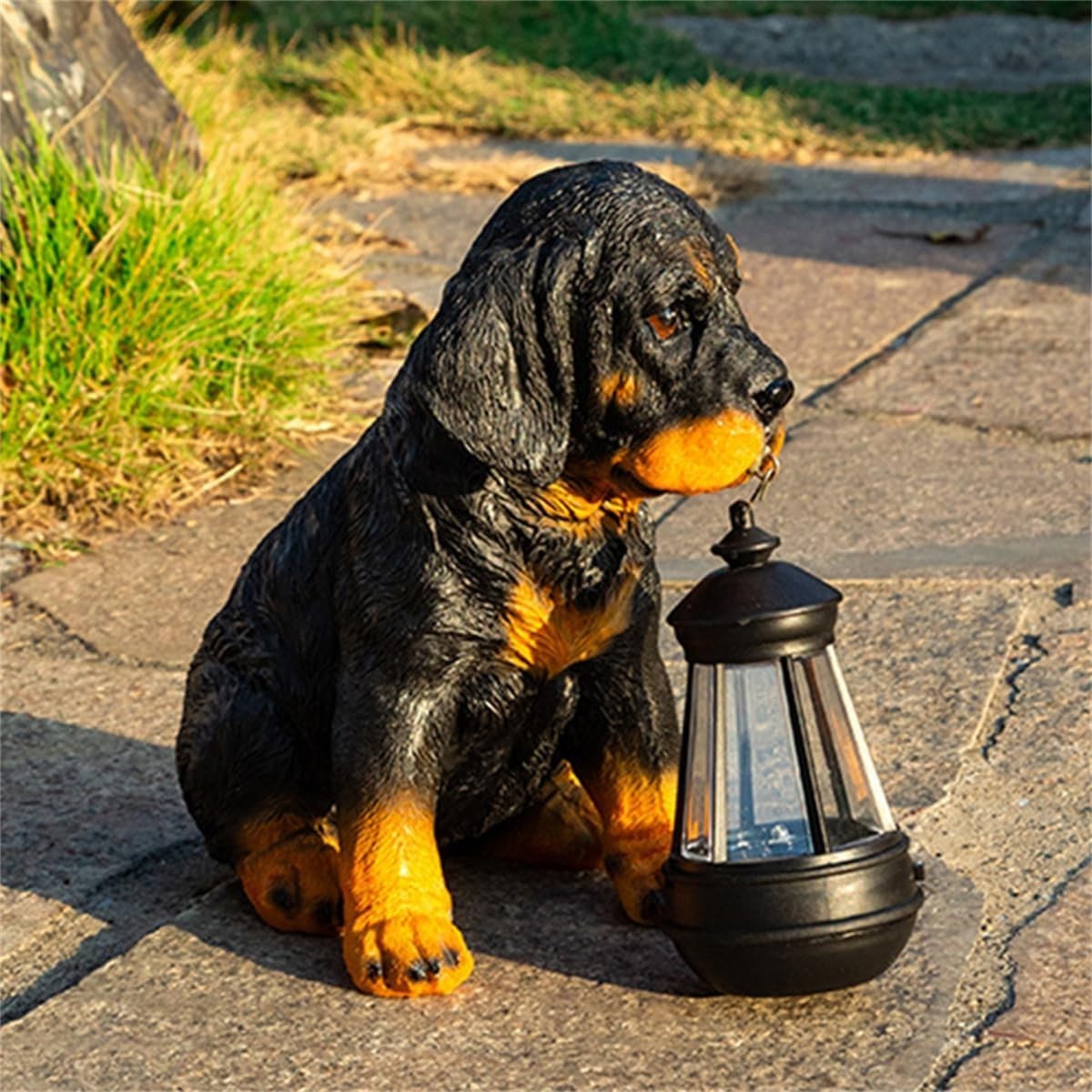 Solar Powered Garden Lantern Statue, Realistic Dog Figurine with LED Lights