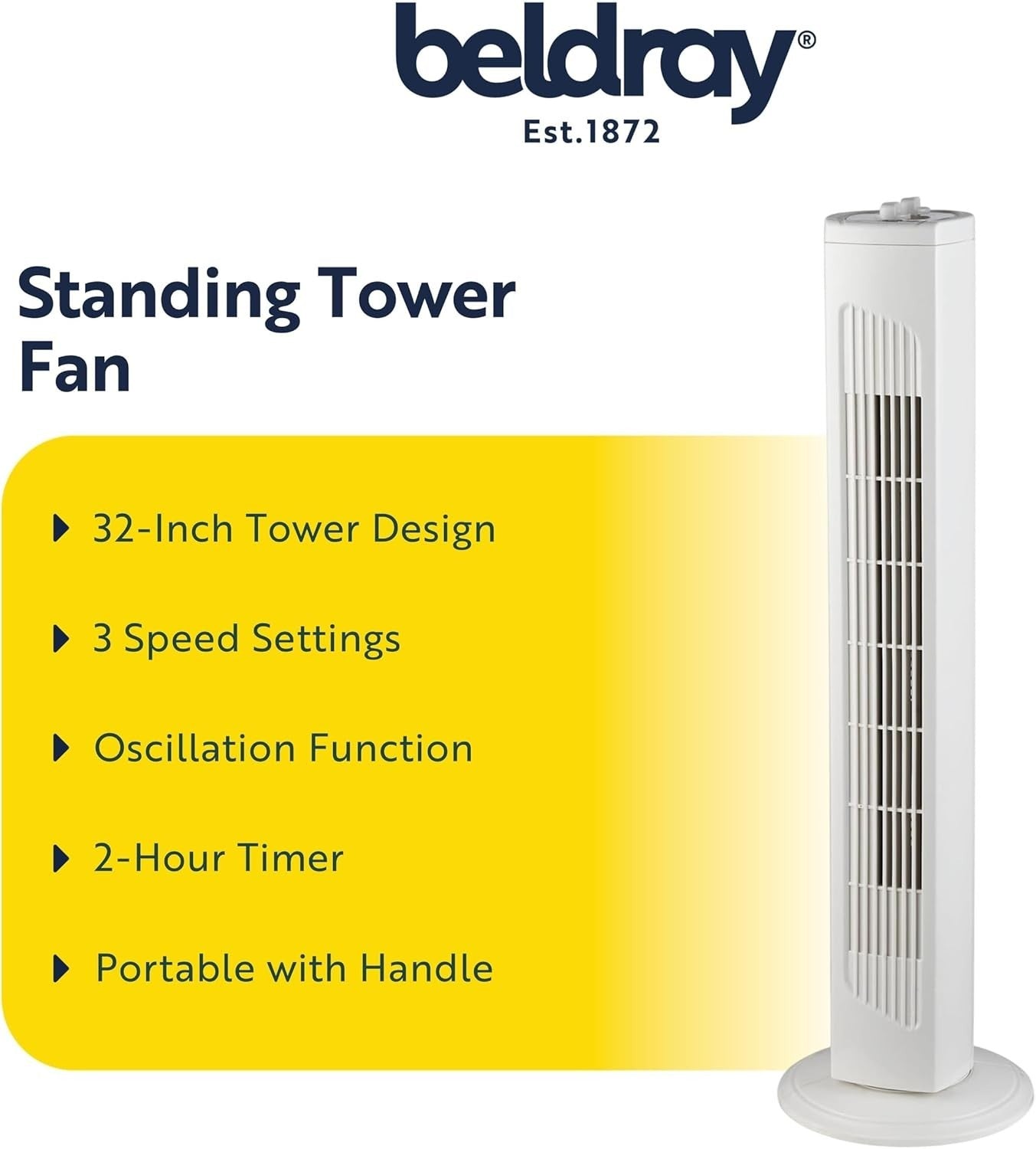 32" Tower Fan – 3-Speed Quiet Oscillating Cooling Fan w/ Timer & Handle White