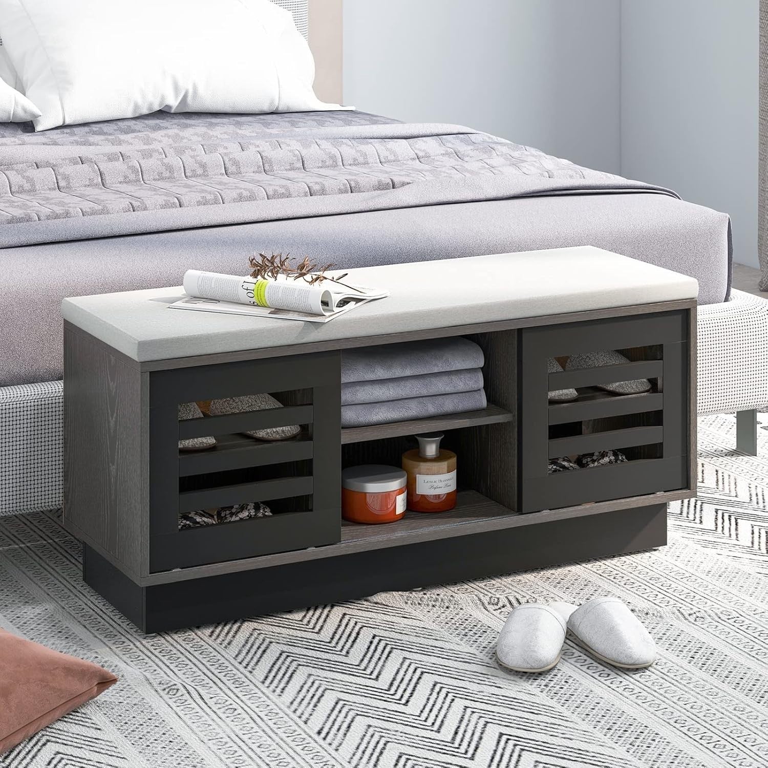2-Tier Shoe Storage Bench Grey + Dark Grey, 6 Compartments & Sliding Doors