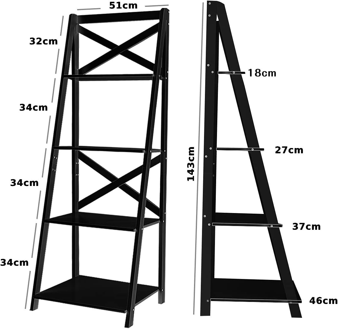Modern 4 Tier Ladder Shelf Bookcase Leaning Display Storage Unit Black