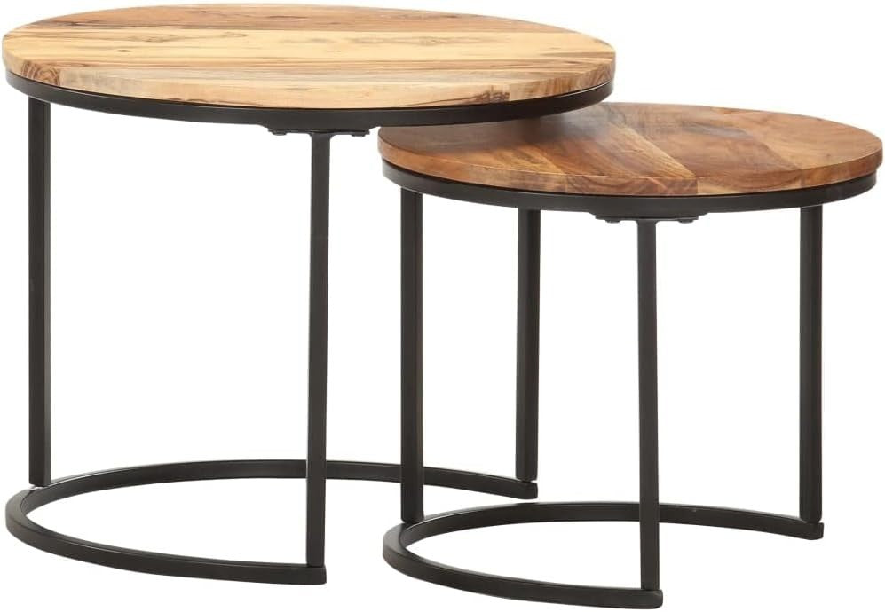 2X Nesting Side Coffee Tables Wood Round Industrial End Set Space Saving Brown