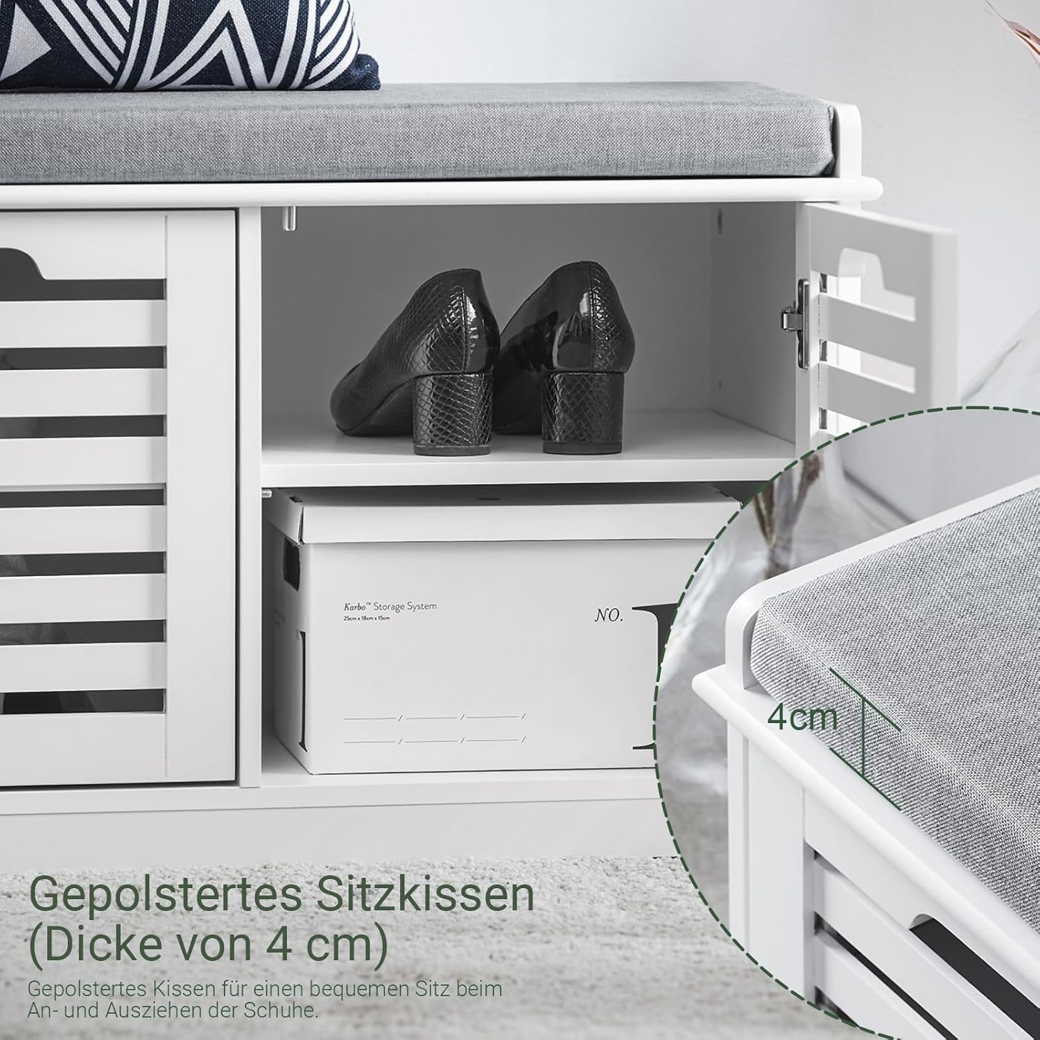 White Shoe Storage Bench with Cushion | 2 Door Hallway Seat Cabinet Unit
