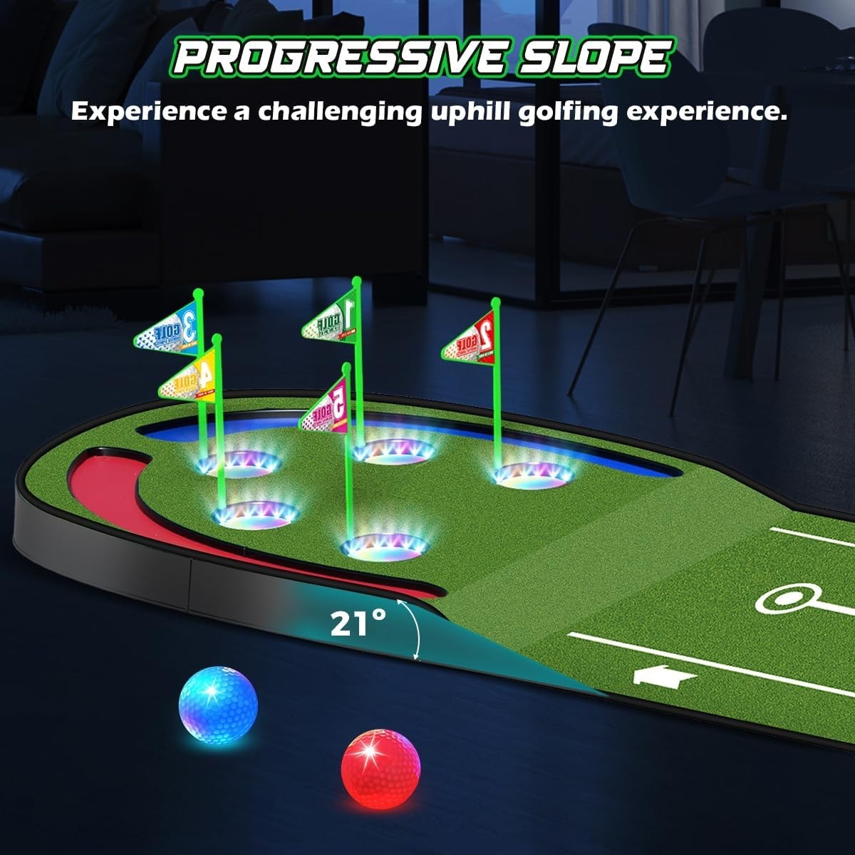 Kids Golf Putting Mat LED Light Up 7.8ft Training Green Indoor Outdoor