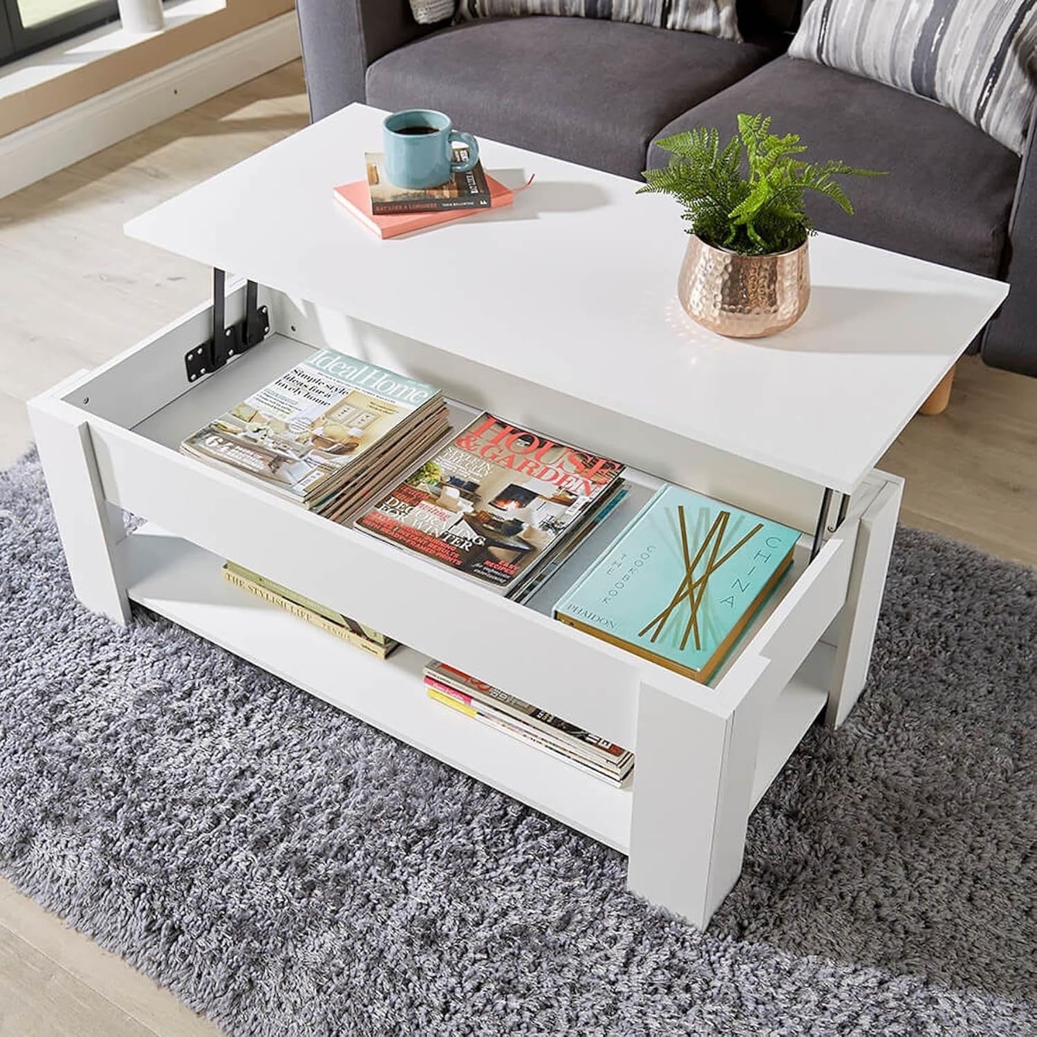 Lift Top Coffee Table White 100x50cm with Hidden Storage & Shelf Modern