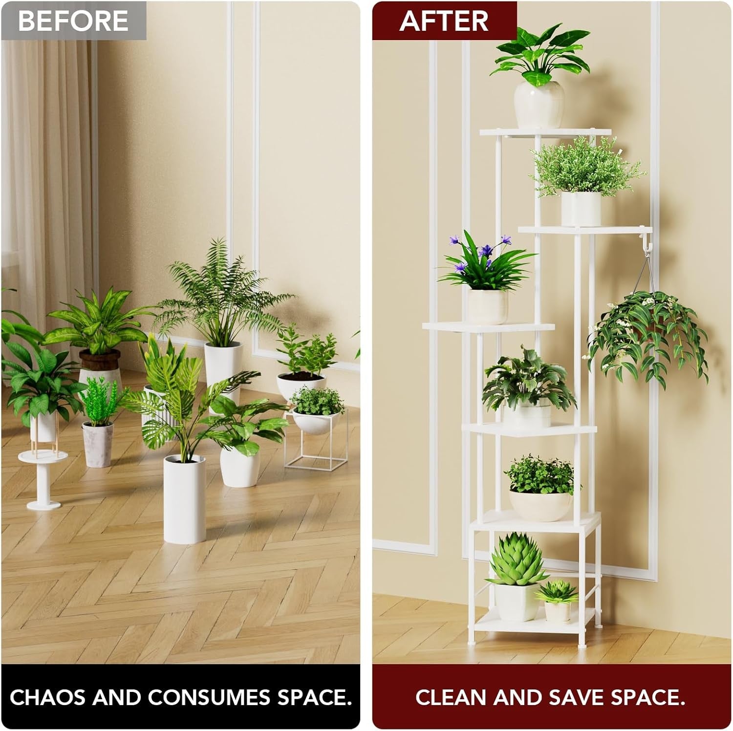 6 Tier White Metal Plant Stand with Grow Lights, Tall Indoor Flower Shelf