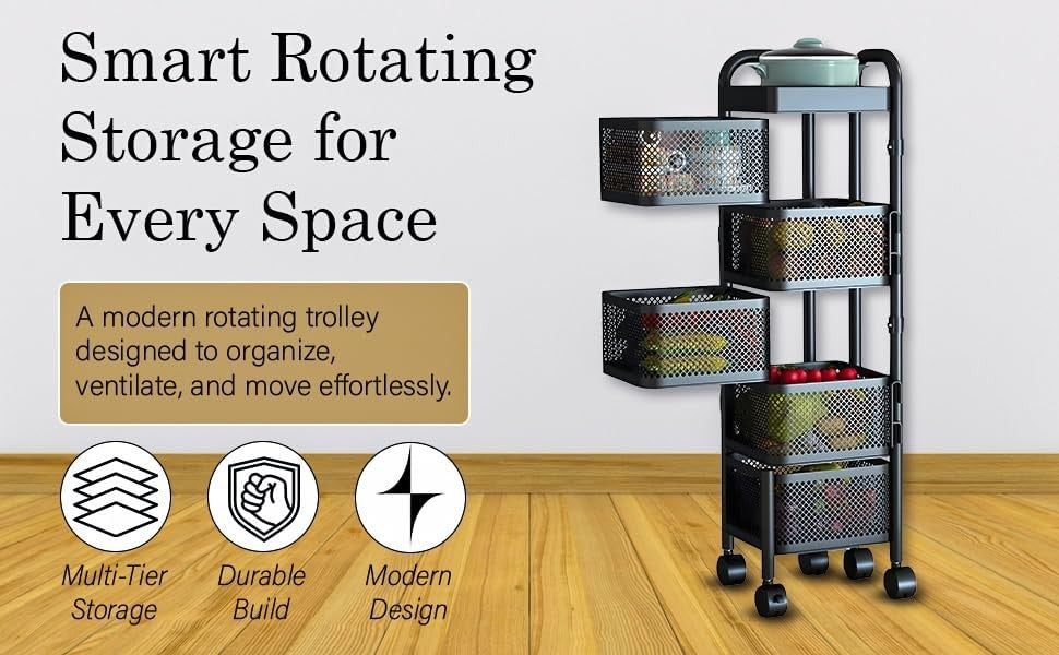 5 Tier Rotating Storage Trolley on Wheels Kitchen Bathroom Basket Rack Black