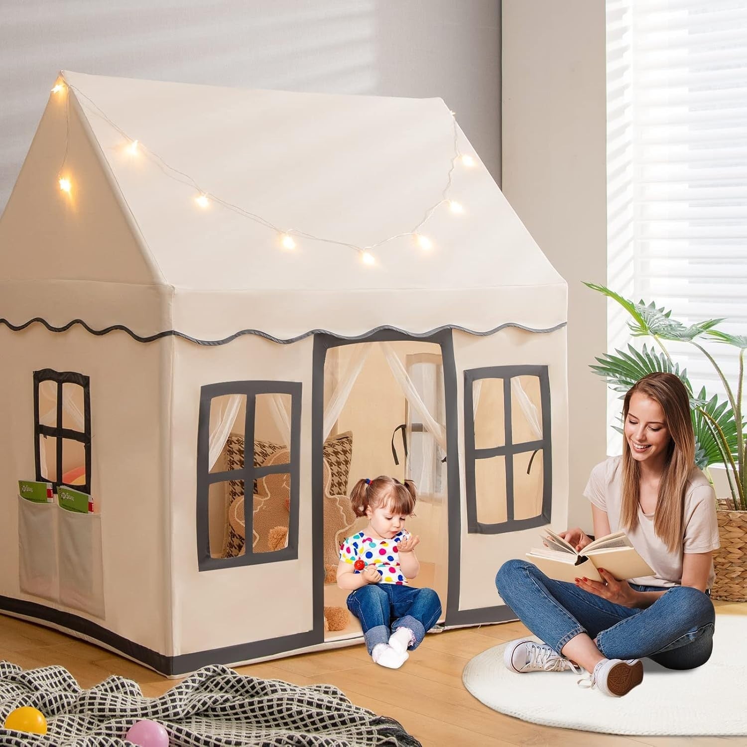 Large Kids Princess Play Tent Indoor Outdoor w Washable Mat Lights