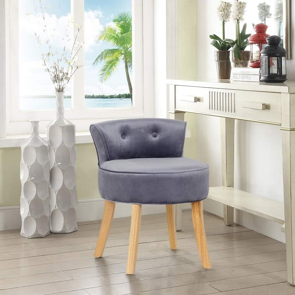 Grey Velvet Low-Back Vanity Chair – Soft Dressing Table Stool with Wood Legs