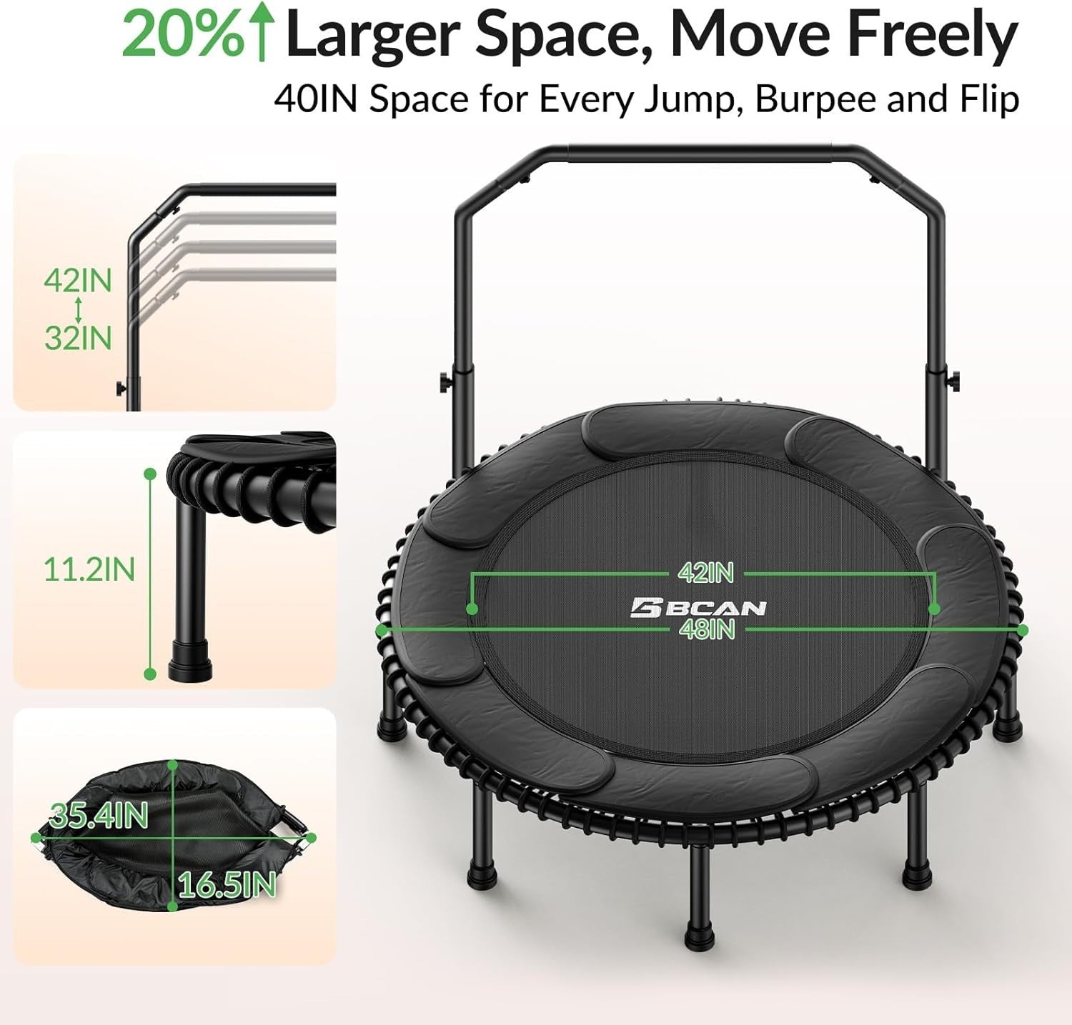 48in Fitness Rebounder Trampoline Adjustable Handle 550lb Silent Bungee