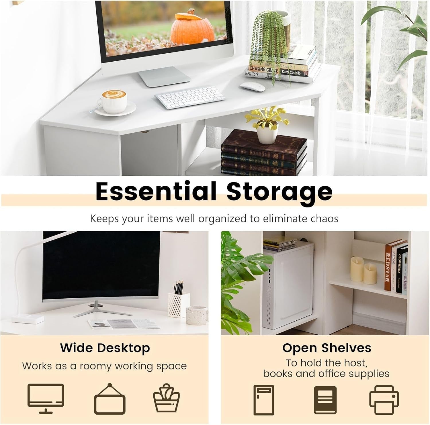 White Corner Computer Desk 120cm with Shelves, Compact 90° Study Table