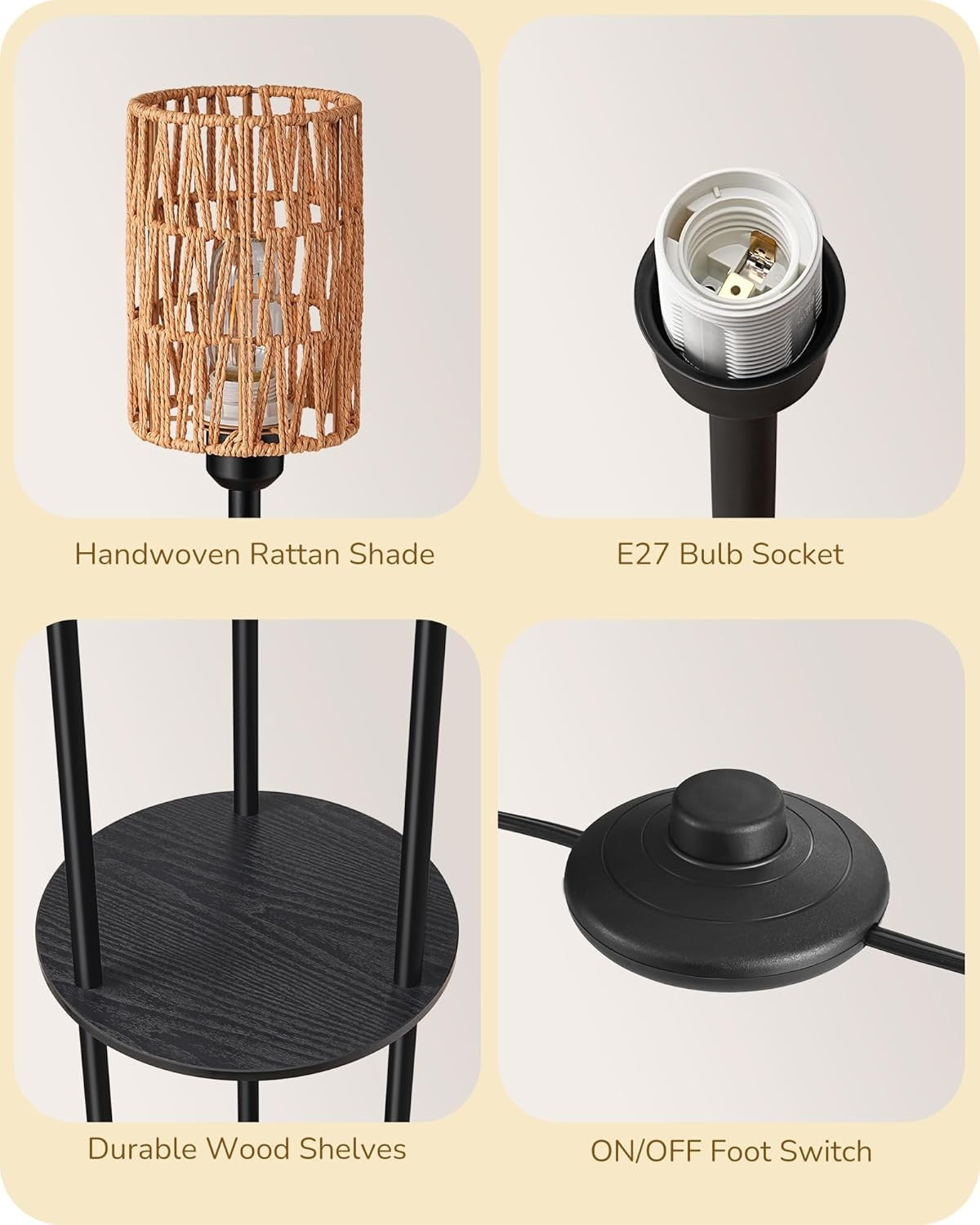 Boho Floor Lamp with Shelves 3 Light Rattan Standing Lamp 70 Inch