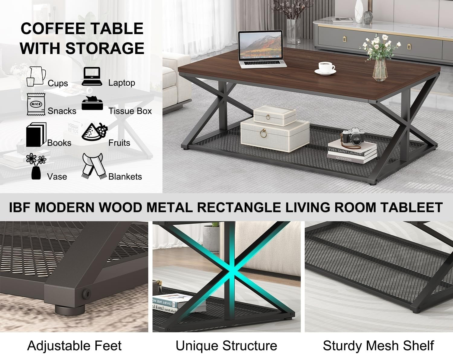 Walnut Coffee Table with Storage Shelf – Industrial 2-Tier Metal Frame 120cm