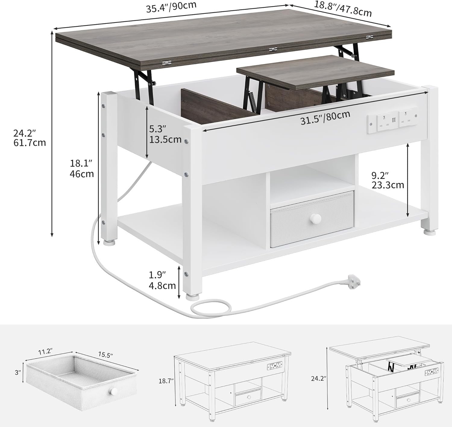 Lift Top Coffee Table with Storage, LED Lights, USB & Outlets, White Grey