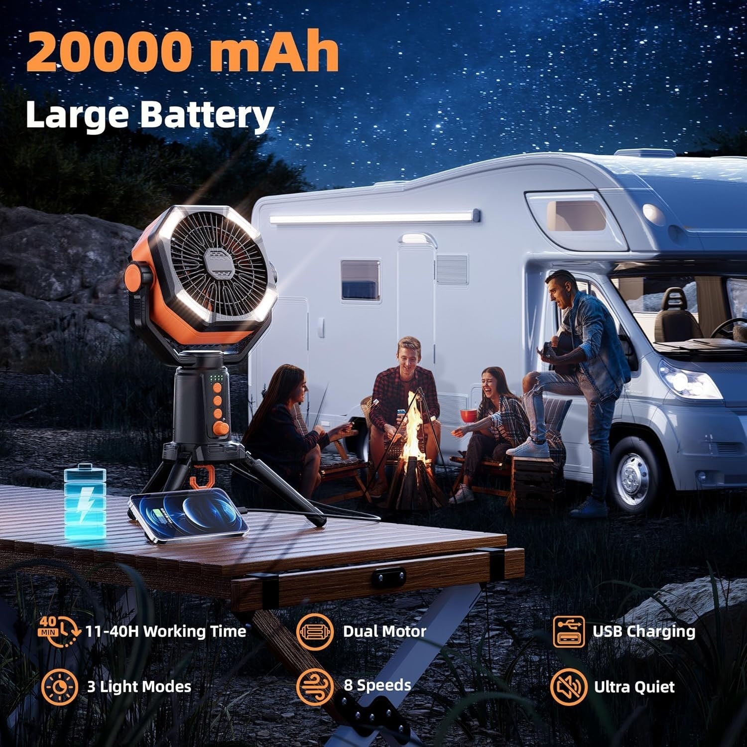 Portable Tripod Fan – 20000mAh Rechargeable LED Camping Fan w/ Remote Orange