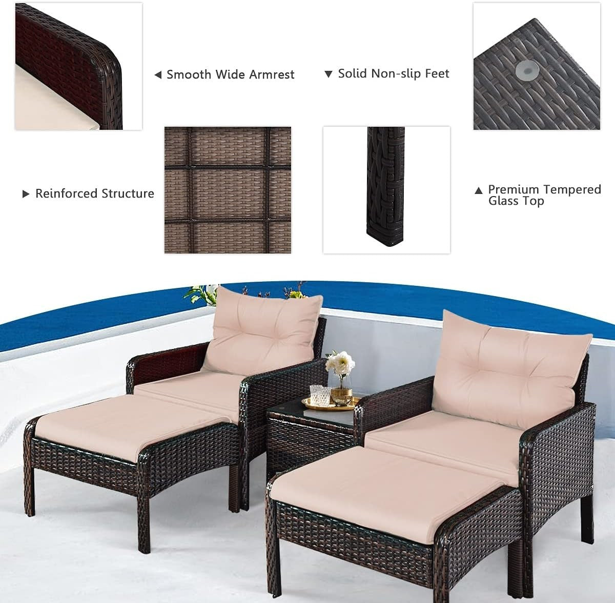 Outdoor Brown+Tan Rattan Garden Furniture Set 4-Seater Cushioned Sofa Set
