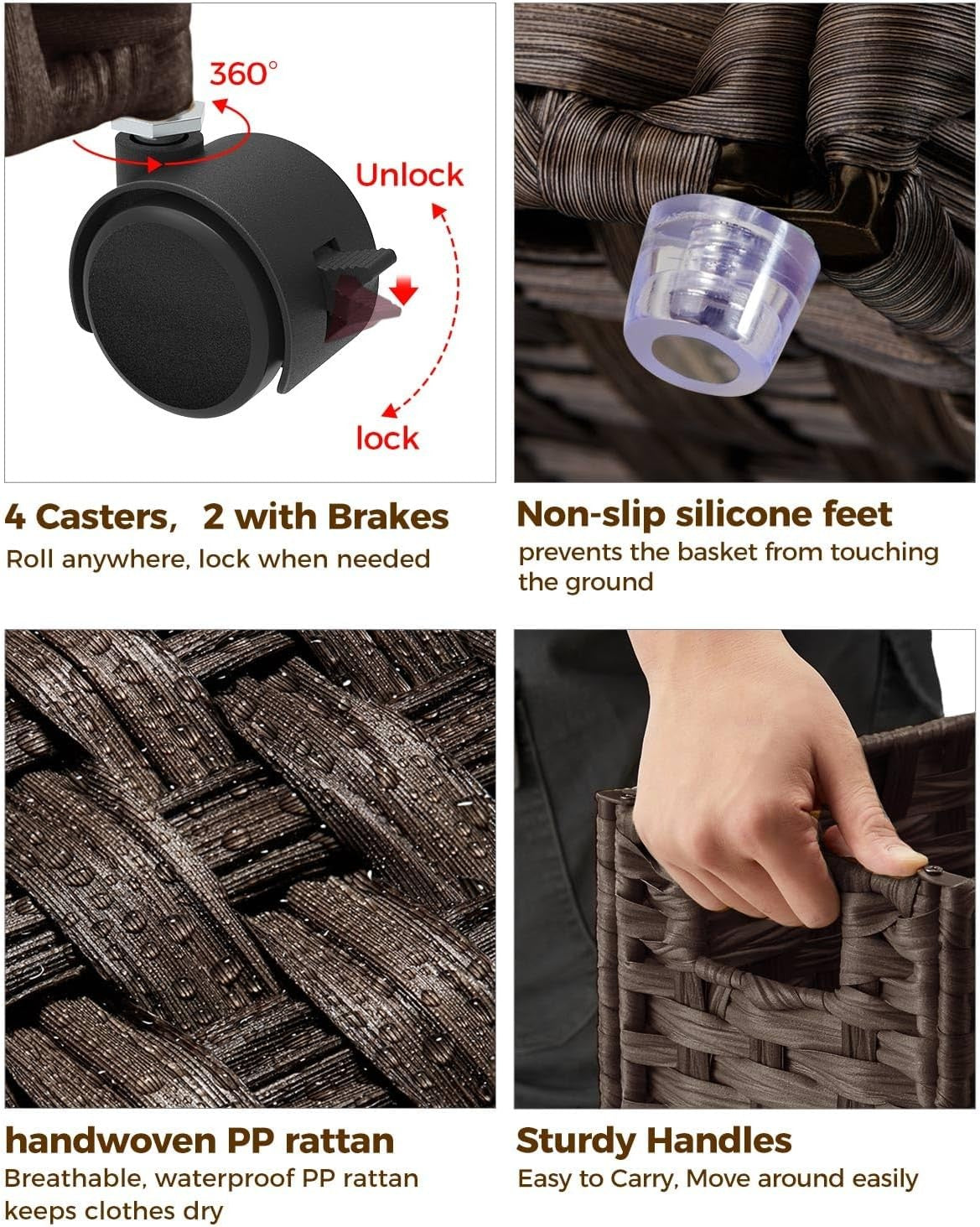 Slim Rattan Laundry Hamper on Wheels 66L with Removable Bags & Mesh Liners Brown