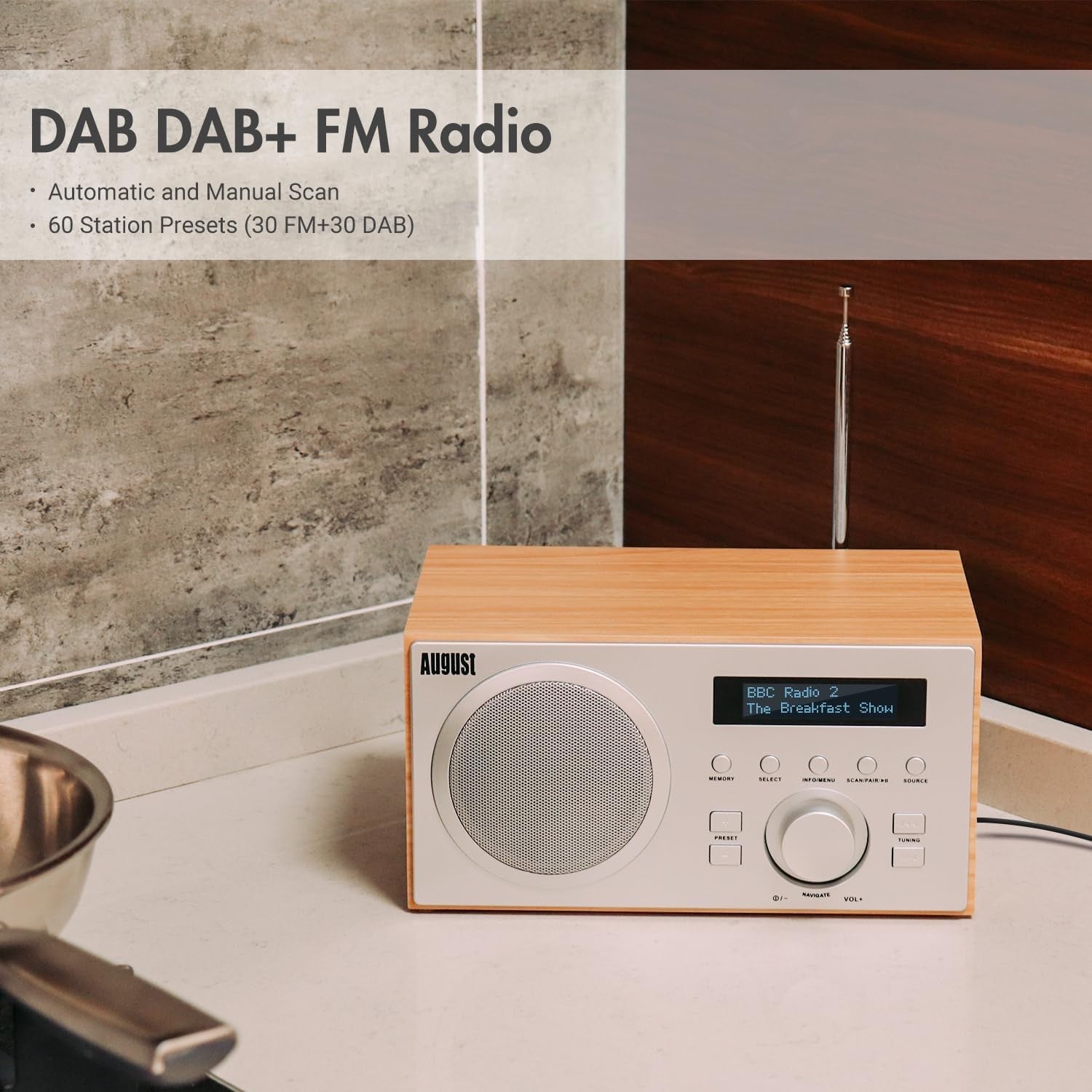 DAB/DAB+ FM Radio Bluetooth Speaker Alarm Clock USB AUX Subwoofer Oak