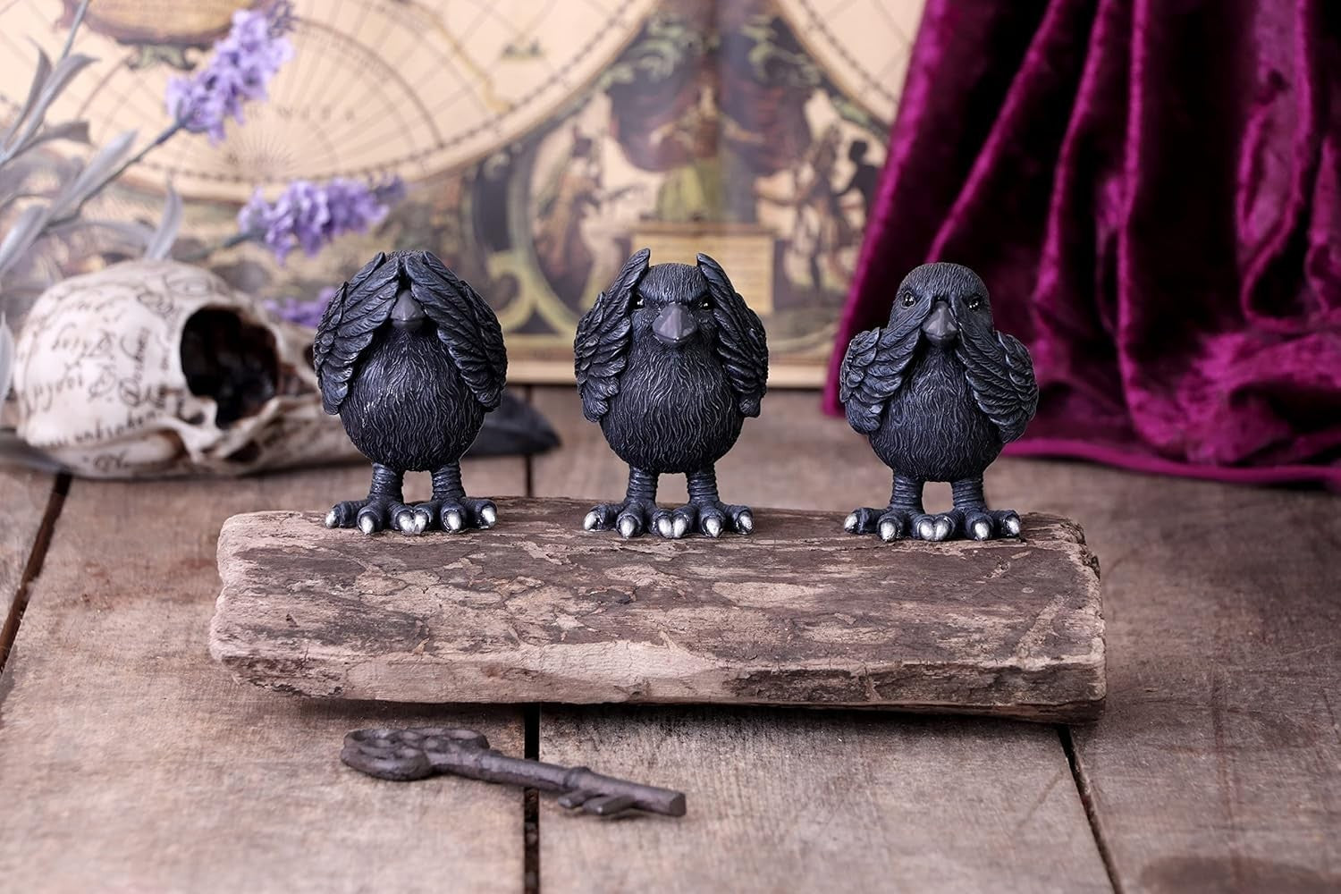 Three Wise Raven Figurines Resin 8.7cm Gothic Ornament Set Home Decor Gift