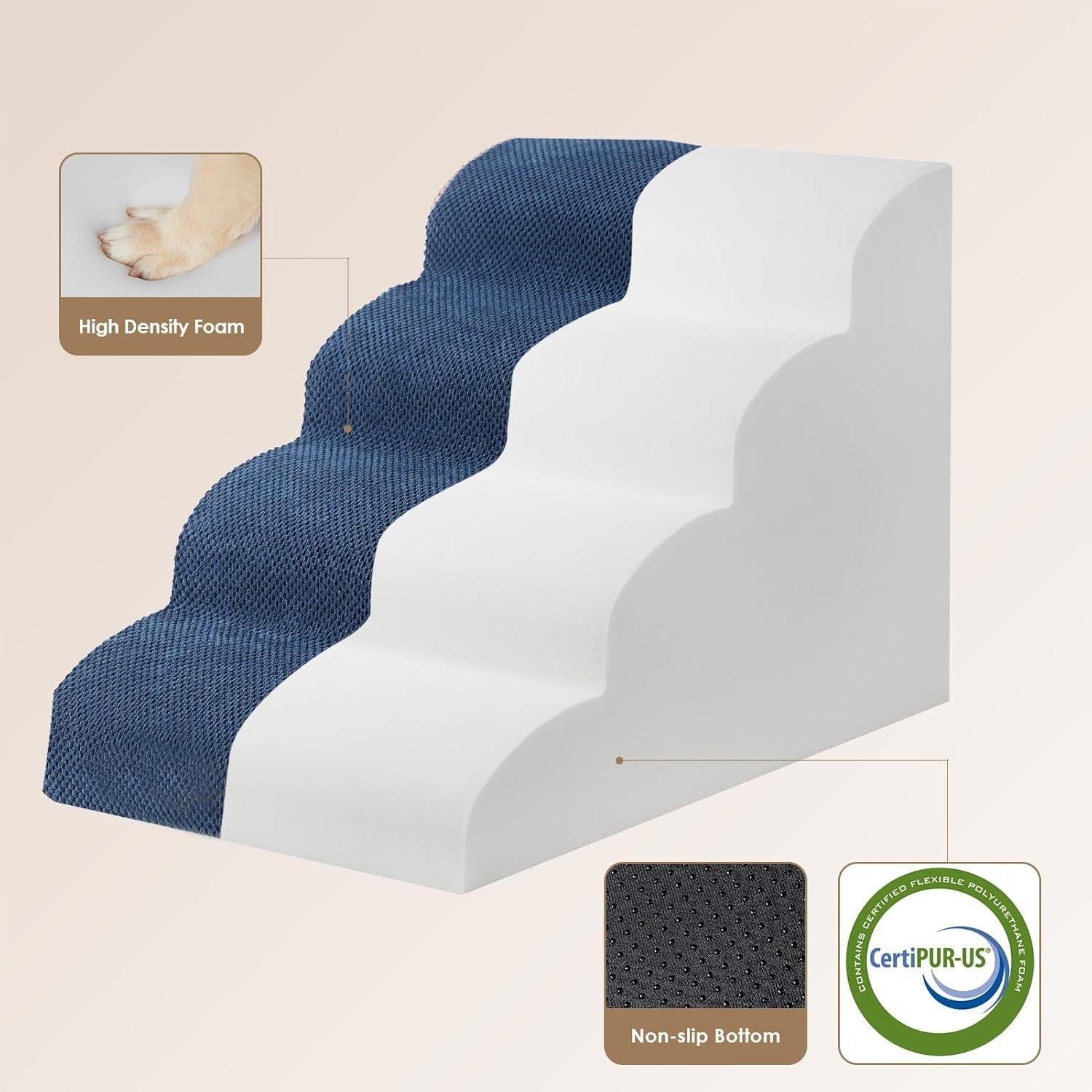 4 Step Dog Stairs for High Bed Non Slip Foam Pet Steps Navy
