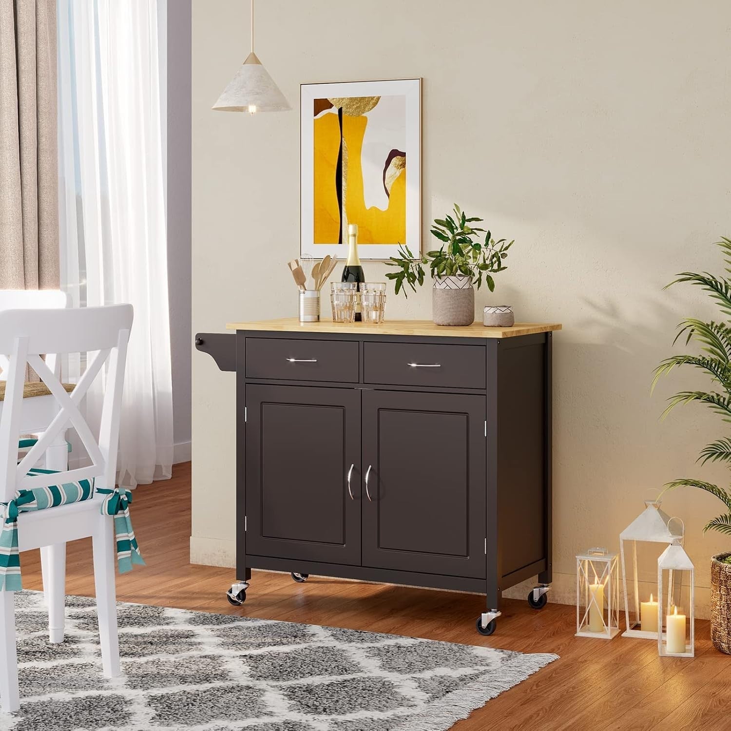 Rolling Kitchen Island Cart with 2 Drawers, Adjustable Shelf & Towel Rack.