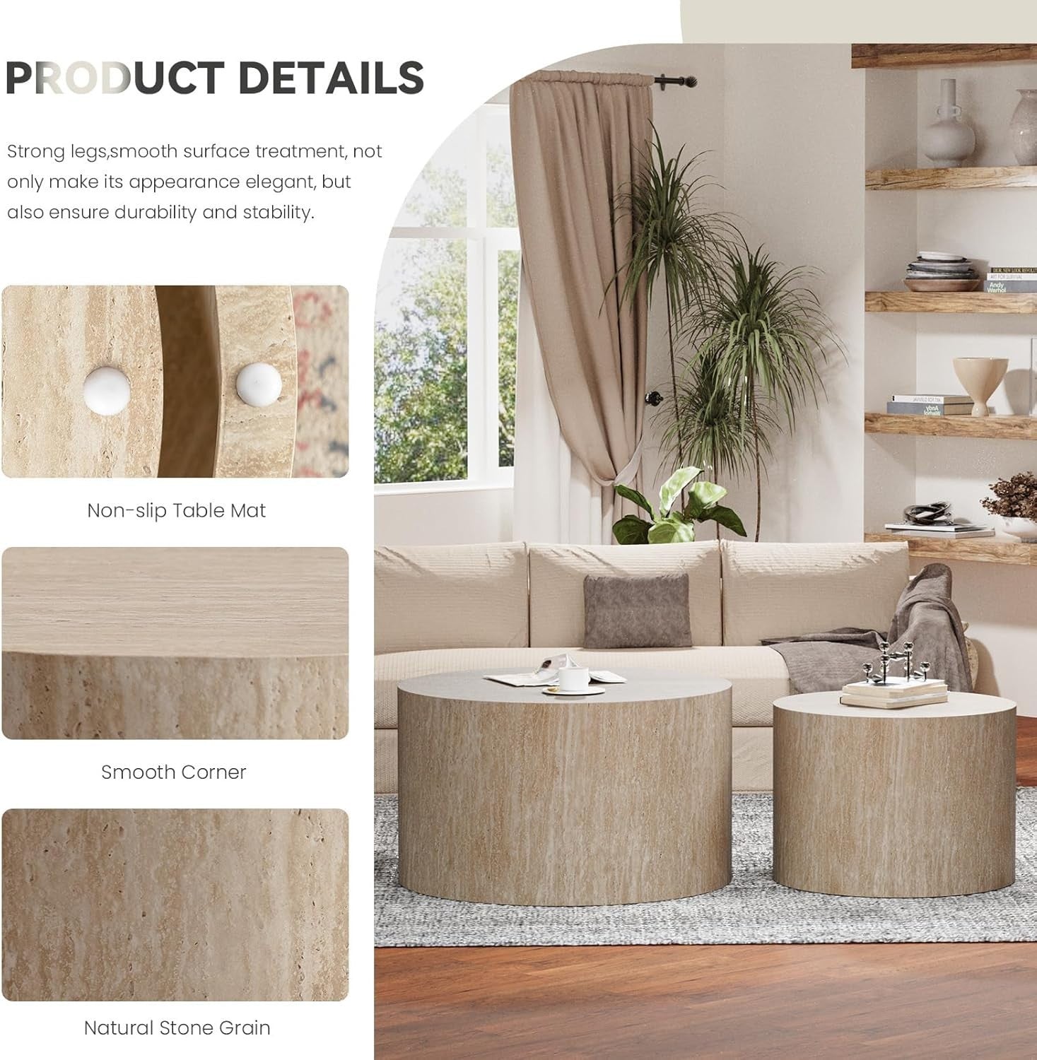 Round Nesting Coffee Table Set of 2 Modern Wood Side End Tables Living Room Beig