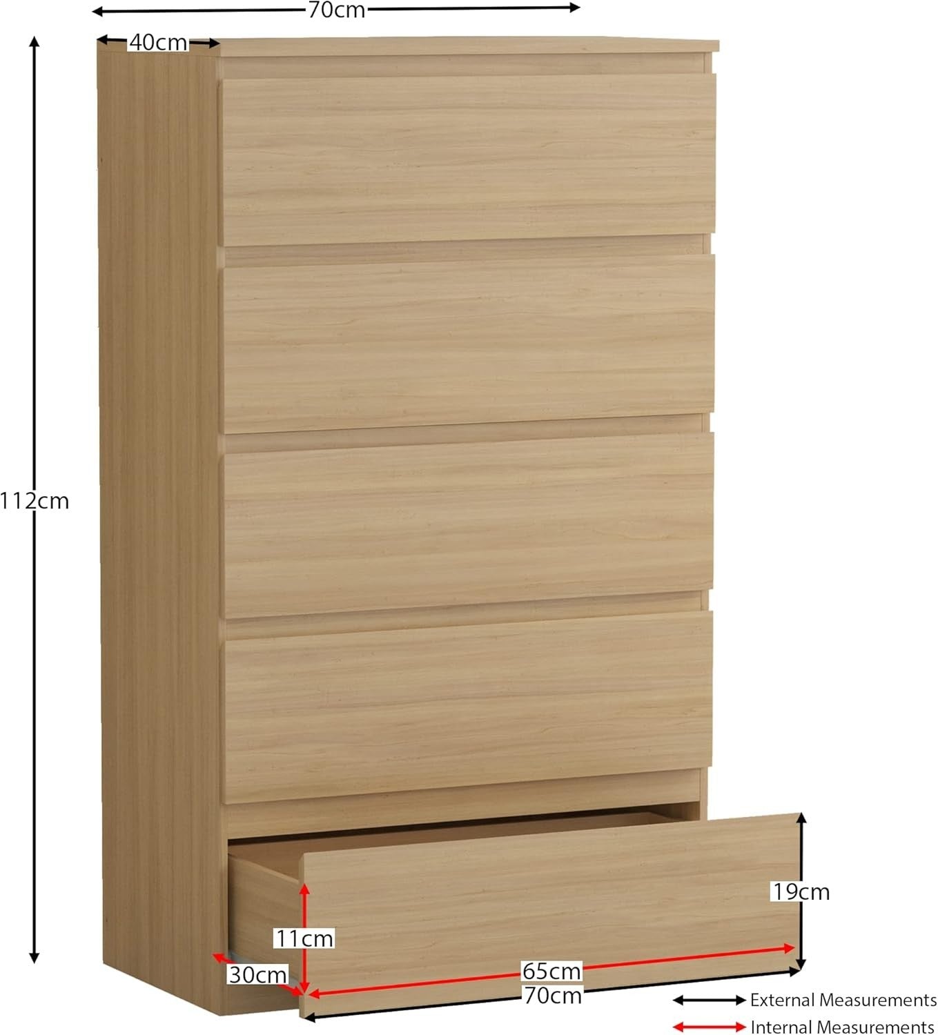 5 Drawer Chest of Drawers Tall Storage Unit Pine Wood Bedroom Cabinet